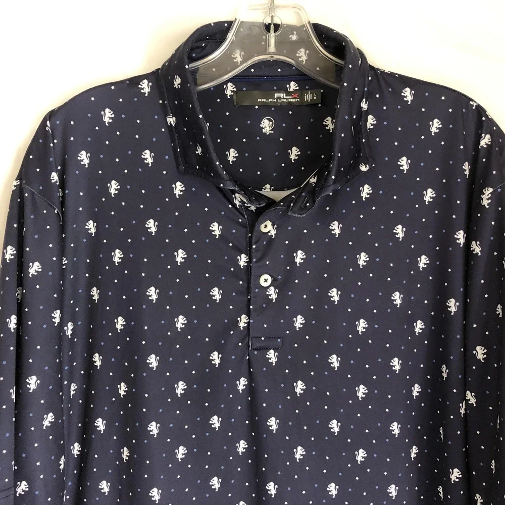 RLX Ralph Lauren Polo Shirt Mens Large Blue Lion Print Golf Performance Wicking